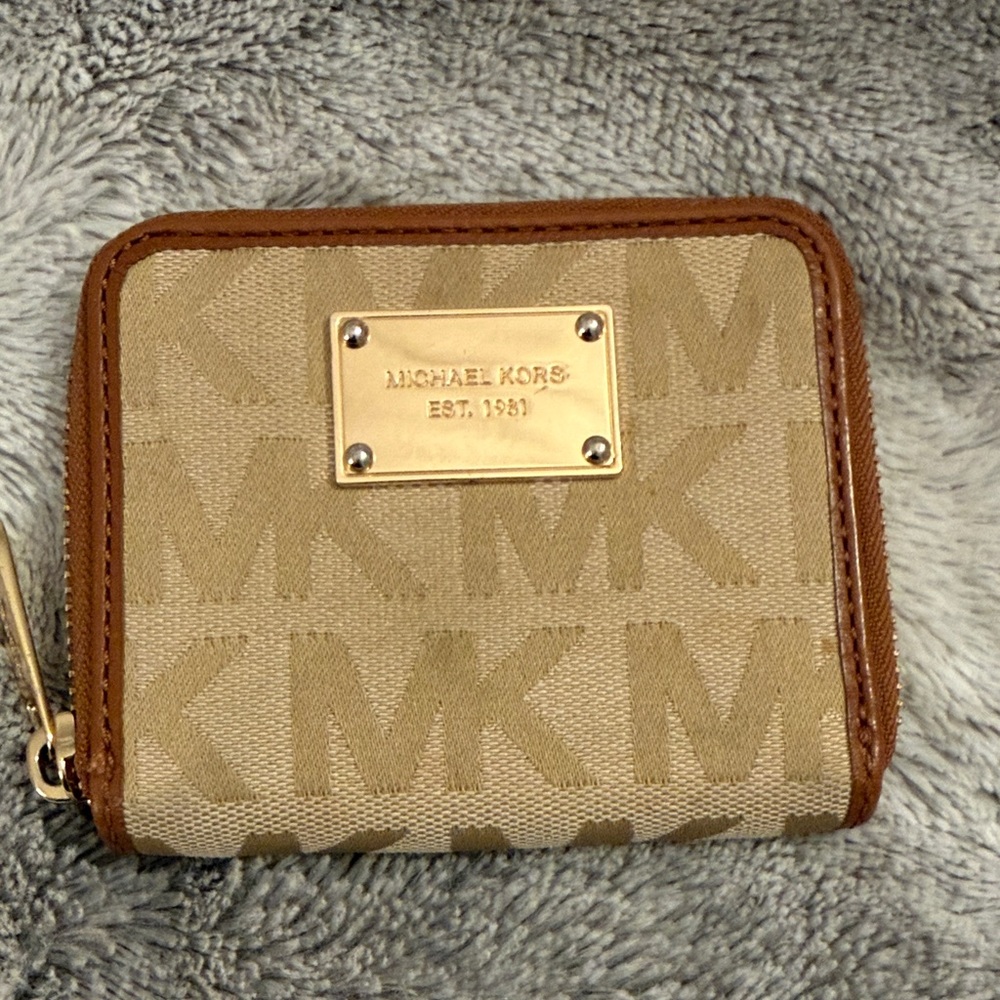 Michael Kors Beige and Brown Logo Zip Around Monogram Wallet